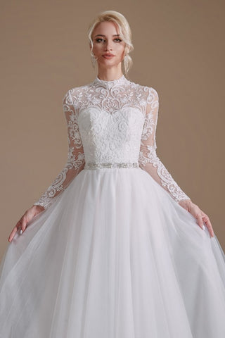 Long Sleeves Princess Lace Wedding Dress Tulle Bridal Gowns
