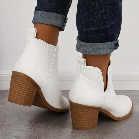 Cutout Western Ankle Cowboy Boots Chunky Stacked Heel Booties