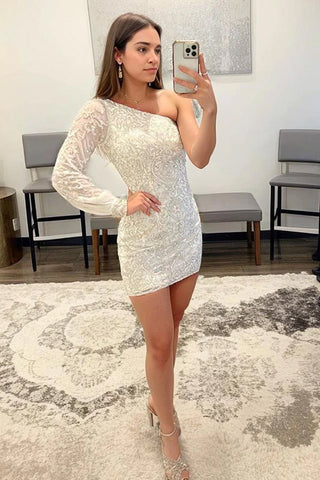 Orange Beaded Sequins One Shoulder Tight Homecoming Dress