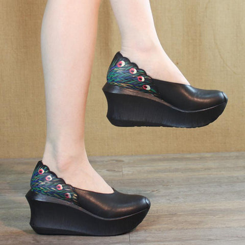 Women Wedge Peacock Tail Print Sewing Casual Shoes