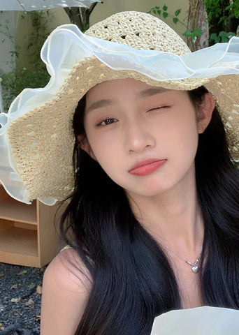 Chic Beige Hollow Out Lace Straw Woven Floppy Sun Hat