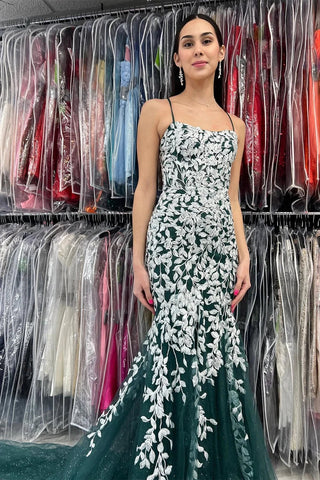 Mermaid Spaghetti Straps Lace Tulle Prom Dress