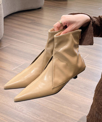 Damen Splicing Ankle Boots Khaki Kunstleder Spitzschuh
