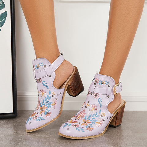 Pink Cutout Embroidered Chunky Heels Ankle Strap Slingback Sandals