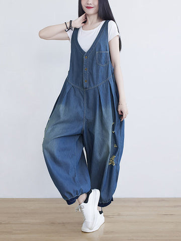Women Summer Solid Frayed Pleat Pocket Vest Denim Jumpsuits
