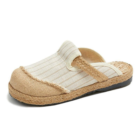 Fitted Slippers Shoes Beige Striped Cotton Linen Fabric