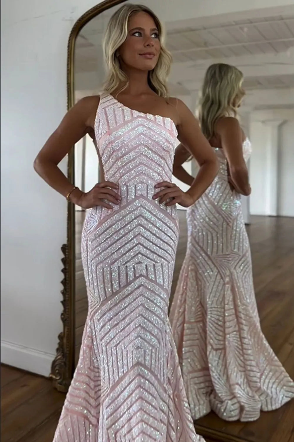 Dark Red One Shoulder Sequined Mermaid Prom Dress