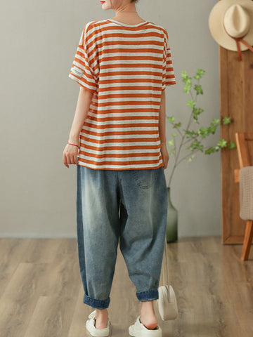 Women Summer Vintage Flower Embroidery Denim Harem Pants