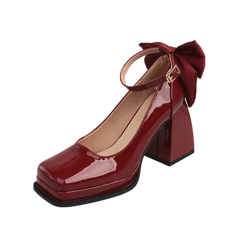 Square Toe Bow Mary Janes Shoes Women High Heels Lolita Shoes New Spring 2024 Pumps Fashion Party Zapatos Elegant Female Chunky