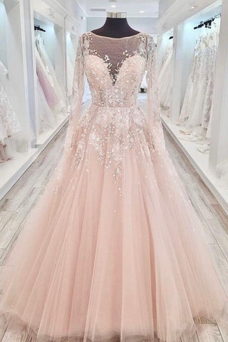 Champagne High Neck Wedding Dress Long Sleeves With Appliques