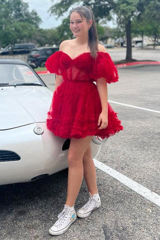 Cute A Line Off the Shoulder Black Tulle Corset Homecoming Dress
