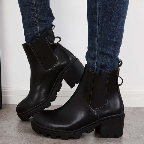 Faux Leather Chelsea Chunky Heel Ankle Boots Lug Sole Booties