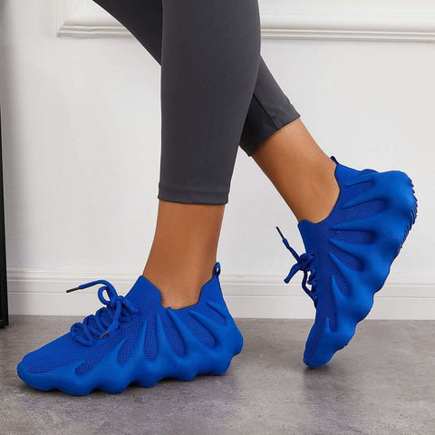 White Breathable Lace Up Running Sneakers Knit Athletic Shoes