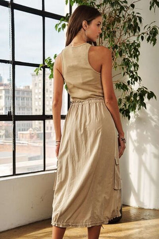 Drawstring Sleeveless Washed Beige Resort Dress
