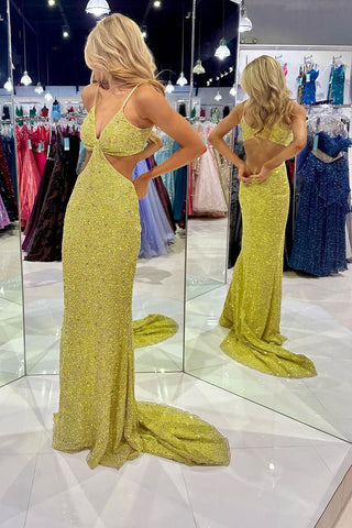 Mustard Green Sequins Deep V Neck Cutout Long Prom Dresses