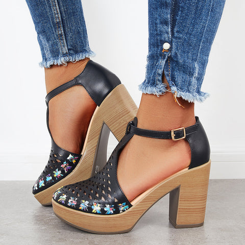Platform Block Chunky High Heels Ankle T-Strap Cutout Sandals
