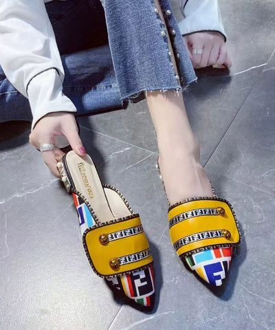 Yellow Faux Leather Unique Splicing Slide Sandals Pointed Toe