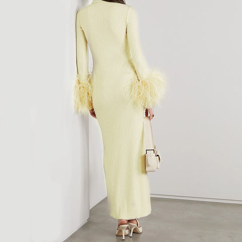 Light Yellow Dress Women Elegant Bandage Long Sleeve Feather Design Party Dress Vestidos