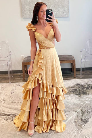 Cutout Ruffle A-Line Long Prom Dress with Slit