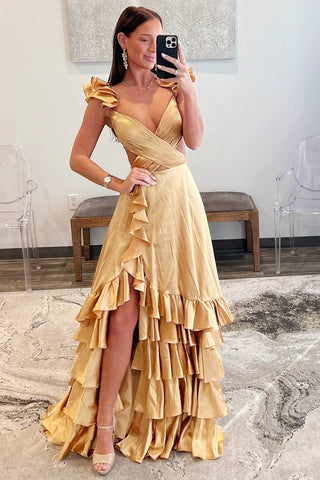 Cutout Ruffle A-Line Long Prom Dress with Slit