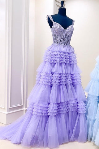 Tulle Off-the-Shoulder Ruffle Tiered Long Prom Dress