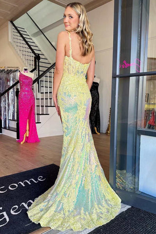 Sequin Appliques Scoop Neck Mermaid Long Prom Dress with Slit