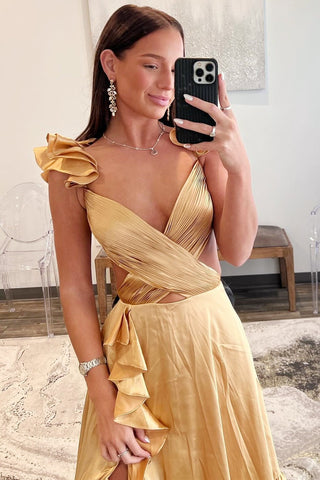 Cutout Ruffle A-Line Long Prom Dress with Slit
