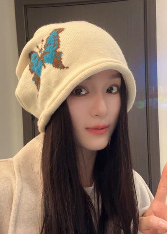 Fashion Beige Butterfly Embroidery Knit Bonnie Hat