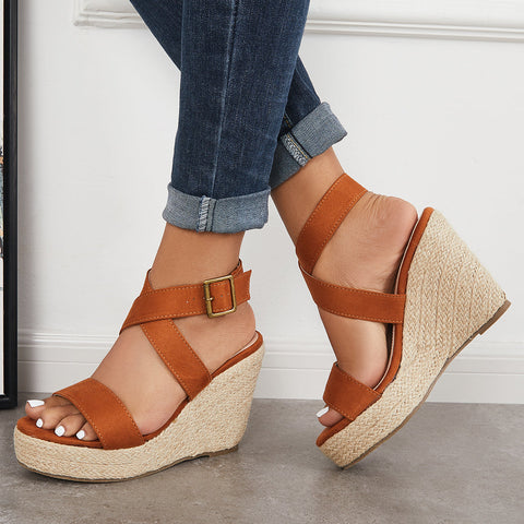Criss Cross Ankle Strap Espadrille Wedge Platform Sandals