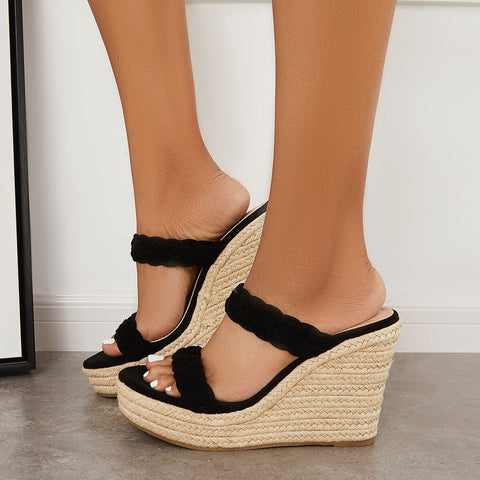 Women Platform Sandals Espadrille Wedges Double Straps Slide Sandals