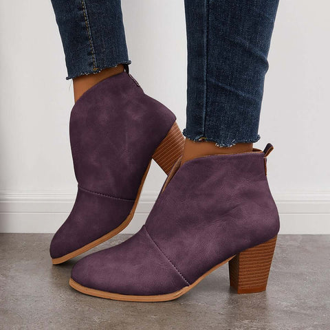 Retro Western V Cut Ankle Boots Slip On Chunky Stacked Heel Booties