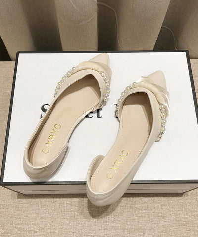 Schwarze Schleife Perle Splicing Boutique Flache Schuhe Spitzschuh
