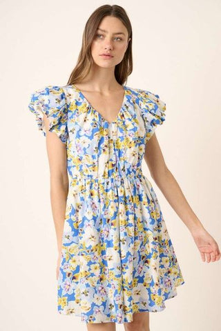 Floral V-Neck Cap Sleeve Summer Mini Dress