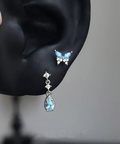 Chic Blue Stainless Steel Butterfly Water Droplet Zircon Asymmetrical Drop Earrings