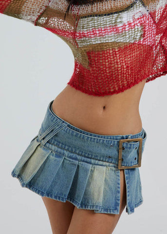 Style Blue Tie Waist Open Patchwork Denim Mini Pleated Skirt Summer