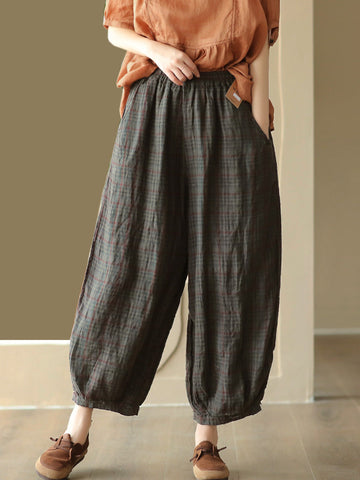 Women Summer Vintage Pocket Plaid Linen Harem Pants