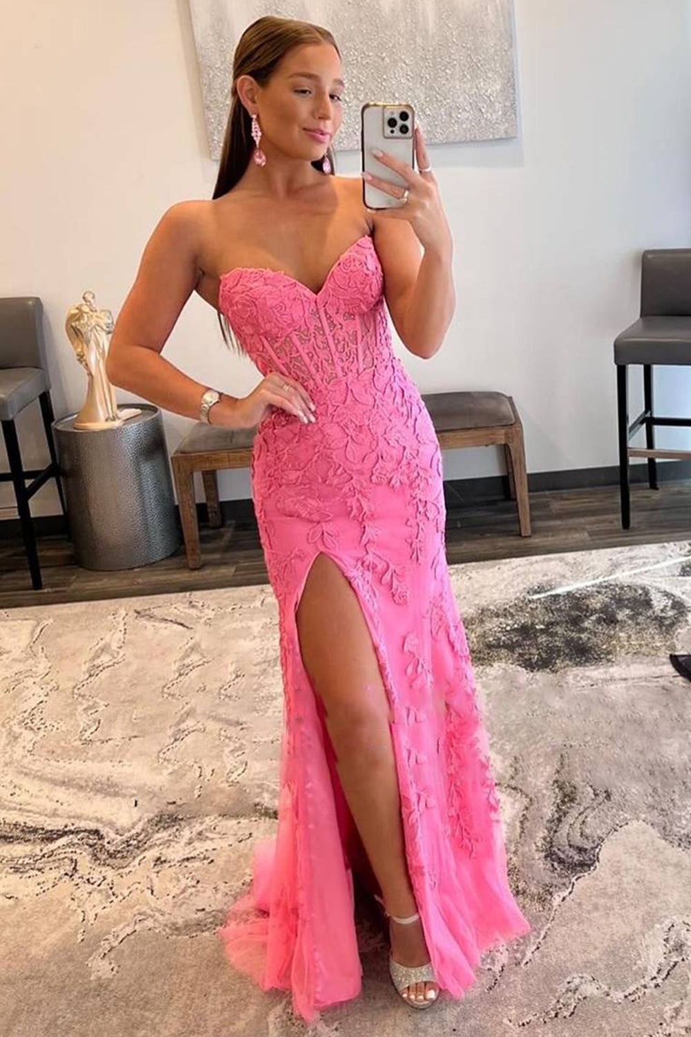 Black Corset Sweetheart Long Lace Prom Dress with Slit