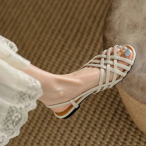 Elegant Retro Women Flat Sandals 2024 Trend Summer Casual Ladies Shoes High Quality PU Leather Slip On Sandals Slippers