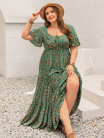Plus Size Dark Green Floral Summer Maxi Dress