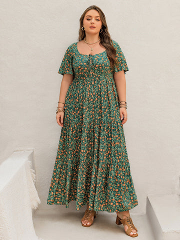 Plus Size Dark Green Floral Summer Maxi Dress