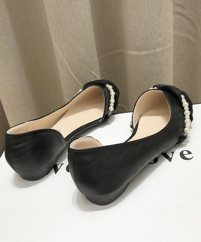 Schwarze Schleife Perle Splicing Boutique Flache Schuhe Spitzschuh