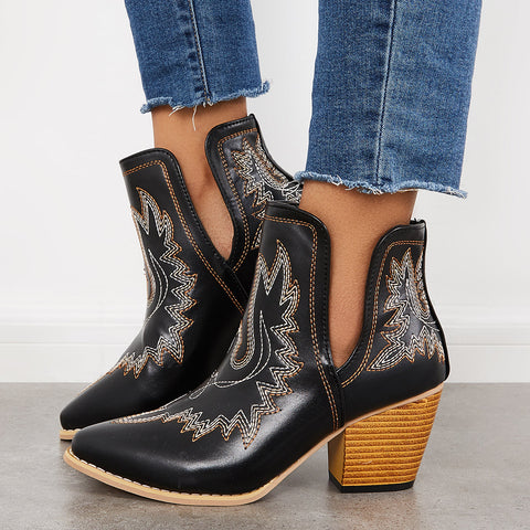 Western Ankle Cowgirl Boots Slip on Cutout Chunky Heel Booties