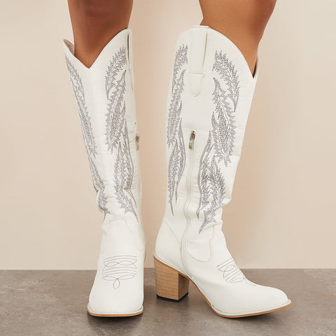 Embroidered Western Cowboy Boots Chunky Heel Knee High Riding Boots