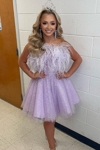 A Line Strapless Lilac Short Homecoming Dress with Feather