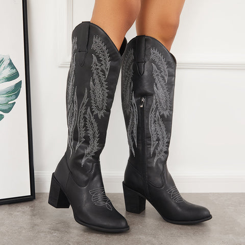 Embroidered Western Cowboy Boots Chunky Heel Knee High Riding Boots