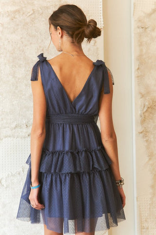 Tie Shoulder Polka Dot Mesh Resort Dinner Dress