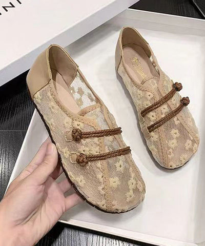 Atmungsaktive Mesh Khaki Flache Schuhe Stickerei Spleißen