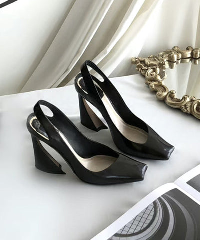 Boutique Splicing High Heel Sandalen Schwarzes Schaffell Square Toe