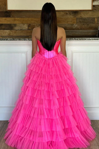 A-Line Sweetheart Tiered Tulle Prom Dress with Slit