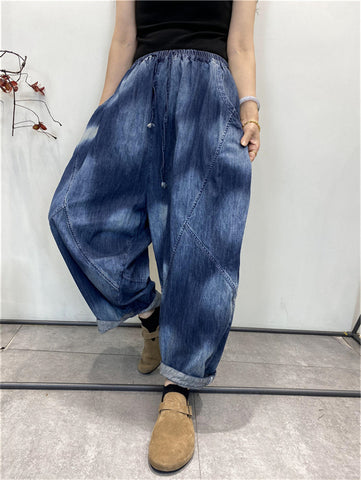 Women Summer Vintage Tie-dye Spliced Denim Harem Pants